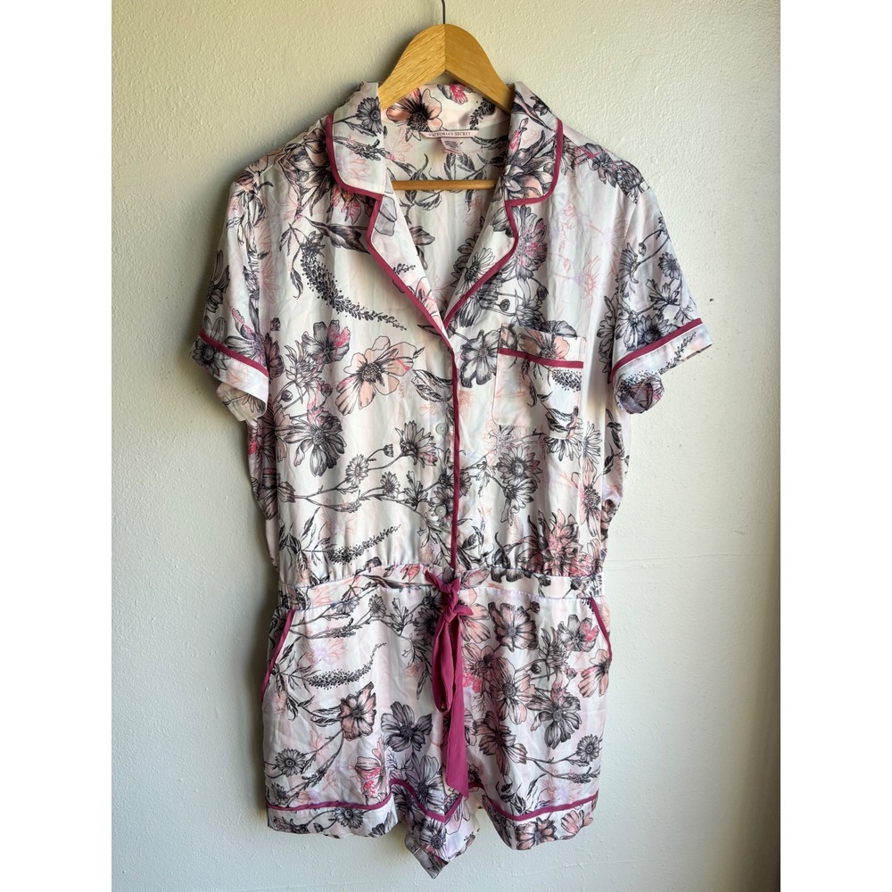 Victorias Secret Floral Stripe Satin Romper Pink Black Short Sleeve‎ Large